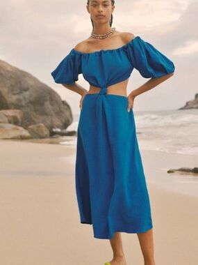 Farm Rio BRAND NEW Blue Linen Blend Midi Off-Shoulder Knot Cut-Out Women’s Med
